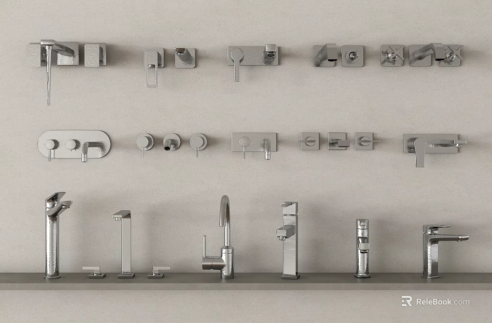 Various Modern Faucets With Different Designs Displayed On Wall And Shelf 3d model