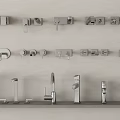 Various Modern Faucets With Different Designs Displayed On Wall And Shelf 3d model