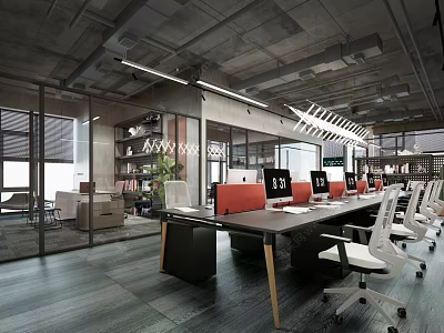Modern Office Interior With Open Layout Wooden Desks Ergonomic Chairs And Computers 3d model