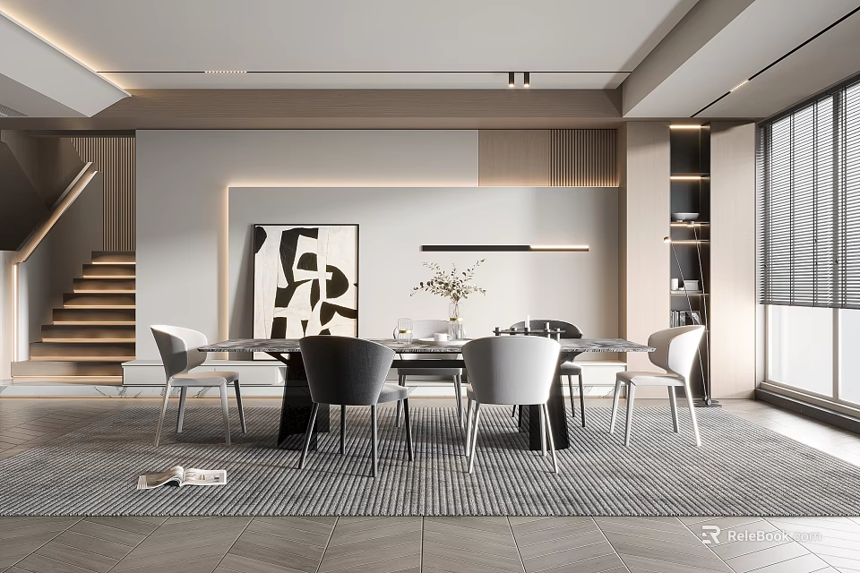 Modern Restaurant Interior With Open Design Dining Table Chairs And Decorative Artwork 3d model