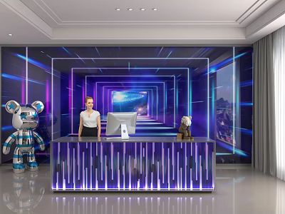 Modern Shop Front Desk With Illuminated Design Receptionist And Futuristic Background Decor 3d model