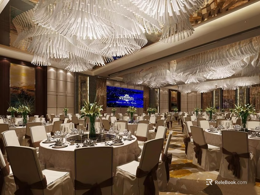 Luxurious Banquet Hall with Chandeliers Round Tables Table Settings and Blue Screen 3d model 