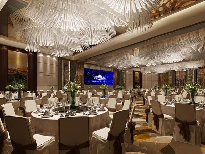 Luxurious Banquet Hall with Chandeliers Round Tables Table Settings and Blue Screen 3d model