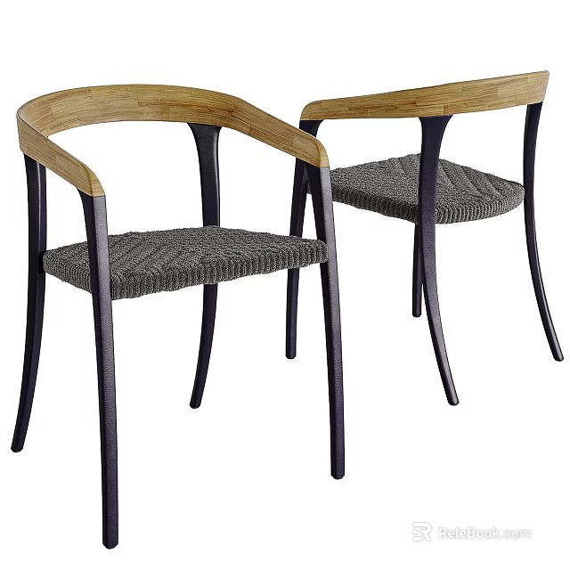 Modern Accent Chairs With Wooden Armrests And Woven Gray Seats On Black Metal Legs 3d model 