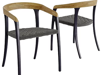 Modern Accent Chairs With Wooden Armrests And Woven Gray Seats On Black Metal Legs 3d model