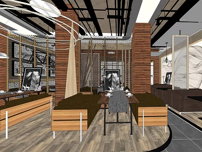 Elegant Restaurant Interior With Wooden Pillars Long Seats And Black Ceiling Structure 3d model