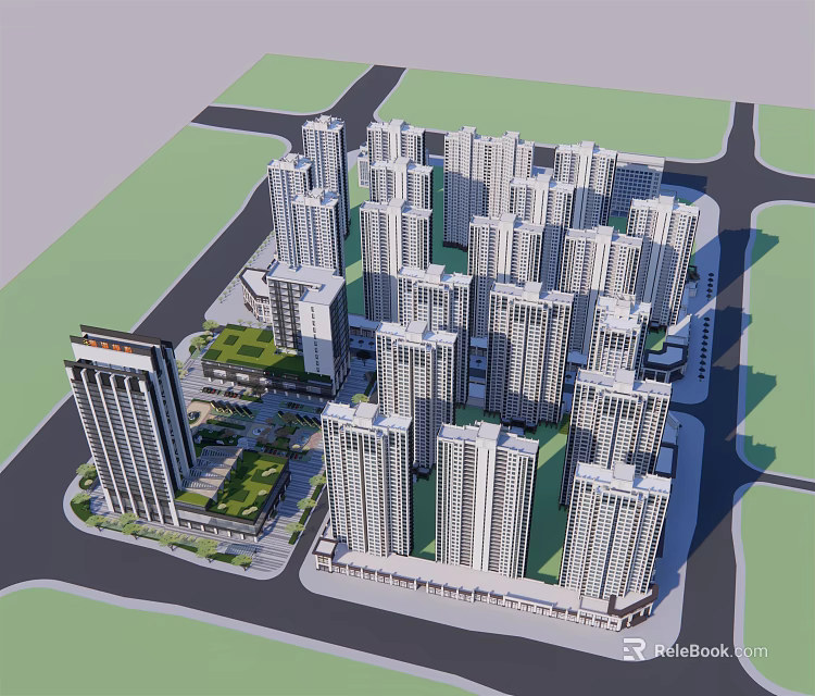 Modern Residential Complex Aerial View With High Rise Buildings Green Spaces And Roads 3d model 