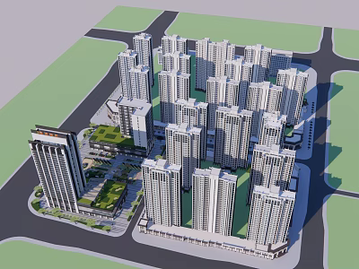 Modern Residential Complex Aerial View With High Rise Buildings Green Spaces And Roads 3d model