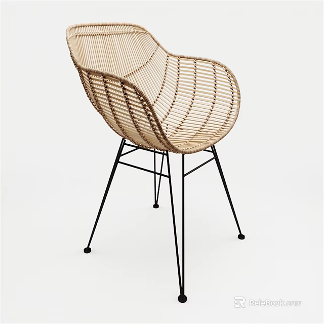 Wicker Single Chair With Curved Backrest And Black Metal Legs Modern Design 3d model 