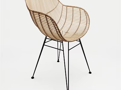 Wicker Single Chair With Curved Backrest And Black Metal Legs Modern Design 3d model