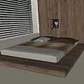 Modern Platform Double Bed With Wooden Headboard Wall White Shutters And Niche Decor