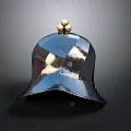 Antique Metal Helmet With Polished Surface And Golden Top Decoration