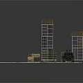 Military Scene With Metal Tower Green Container Yellow Crate Black Vehicle And Gray Platform