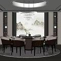 Elegant Private Dining Room With Round Table Chandelier Landscape Painting And Window View
