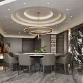Modern Luxurious Private Dining Room With Round Table Beige Chairs Layered Chandelier And Marble Wall