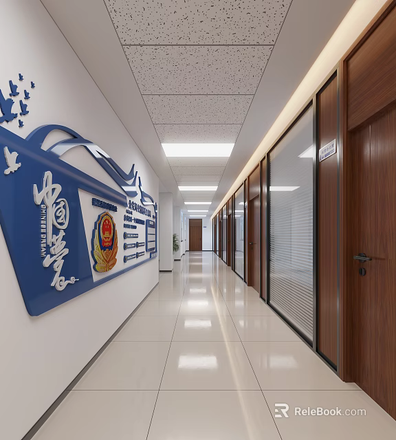 Modern Office Corridor With Blue Decorative Panel Wall Insignia Glass Partitions And Wooden Doors 3d model 