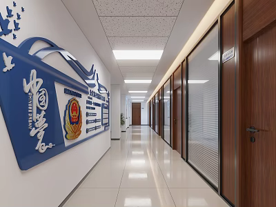 Modern Office Corridor With Blue Decorative Panel Wall Insignia Glass Partitions And Wooden Doors 3d model