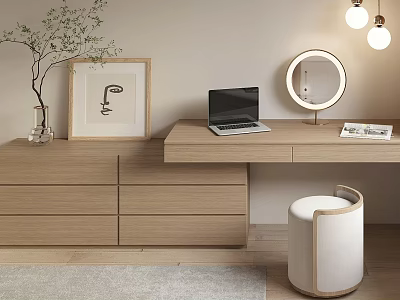 Modern Wooden Dressing Table With Round Lighted Mirror Laptop And Padded Stool 3d model