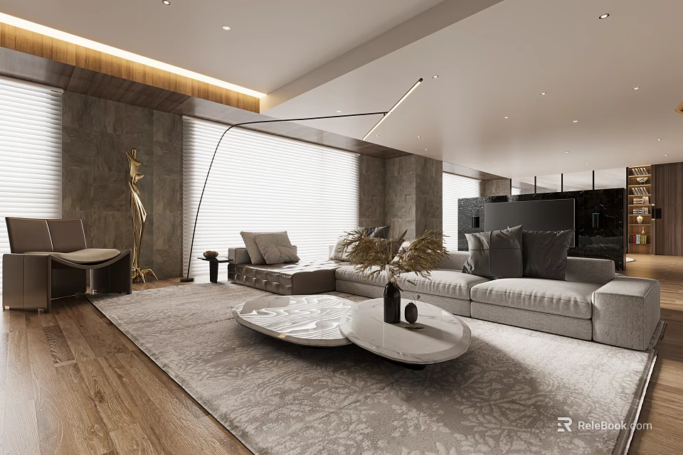 Modern Living Room Interior With Gray Sofa Round Coffee Table Wooden Floor And Area Rug 3d model 