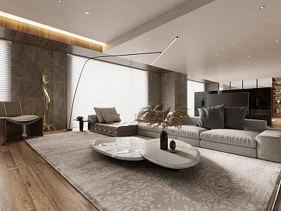 Modern Living Room Interior With Gray Sofa Round Coffee Table Wooden Floor And Area Rug 3d model