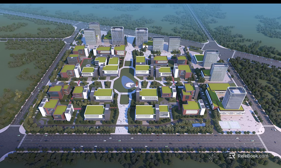 Large Industrial Factory Complex With Multiple Buildings Green Landscaping And Road Network 3d model 