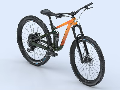 Green and Orange Mountain Bike With Black Wheels And Suspension Fork Design 3d model