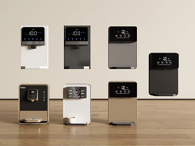 Modern Home Water Dispensers With Digital Display In Different Colors On Wooden Table 3d model