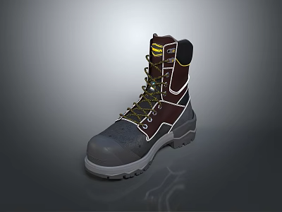 High Top Work Boots With Brown Upper Yellow Laces And Gray White Sole 3d model