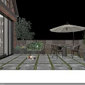 Outdoor Terrace With Brick Building Glass Doors Table Chairs Umbrella Plants And Lighting