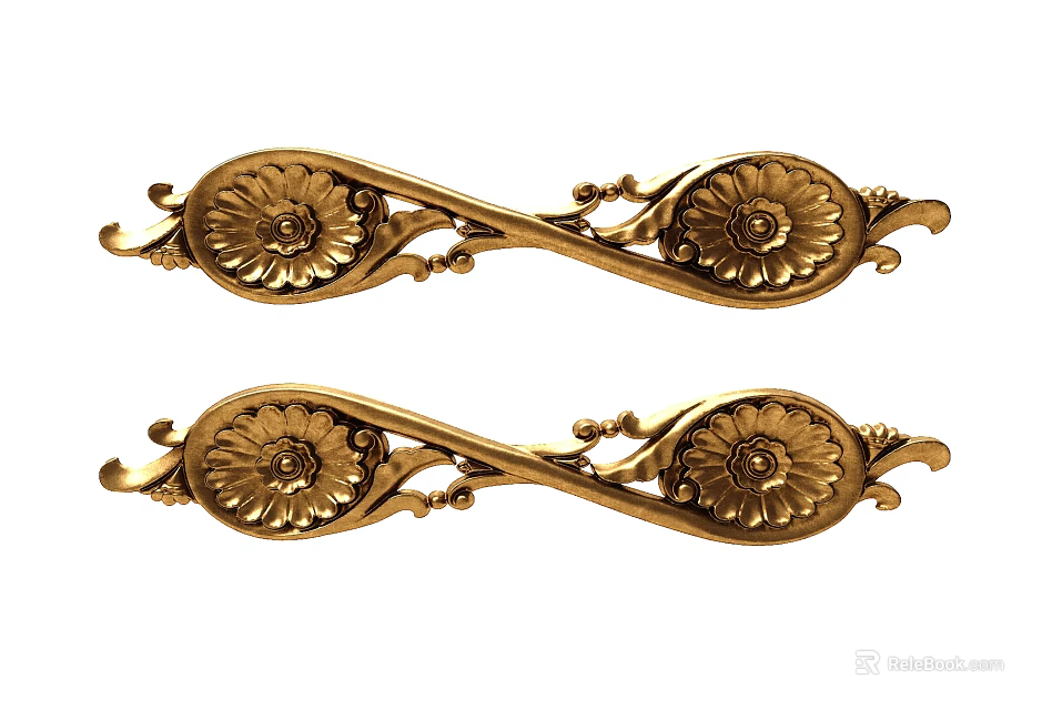 Pair of Golden Floral Carved Decorative Ornaments with Intricate Scrollwork and Patterns 3d model 
