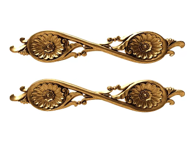 Pair of Golden Floral Carved Decorative Ornaments with Intricate Scrollwork and Patterns 3d model