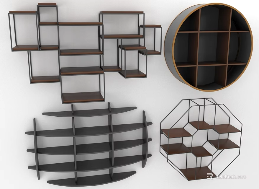 Modern Geometric Shelving Units with Circular Hexagonal Designs Multiple Tiers and Metal Frames 3d model 