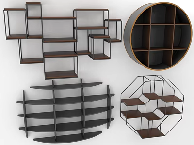Modern Geometric Shelving Units with Circular Hexagonal Designs Multiple Tiers and Metal Frames 3d model