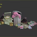Everyday Household Items Including Pink Trash Can Books Glasses Shoes And Toys