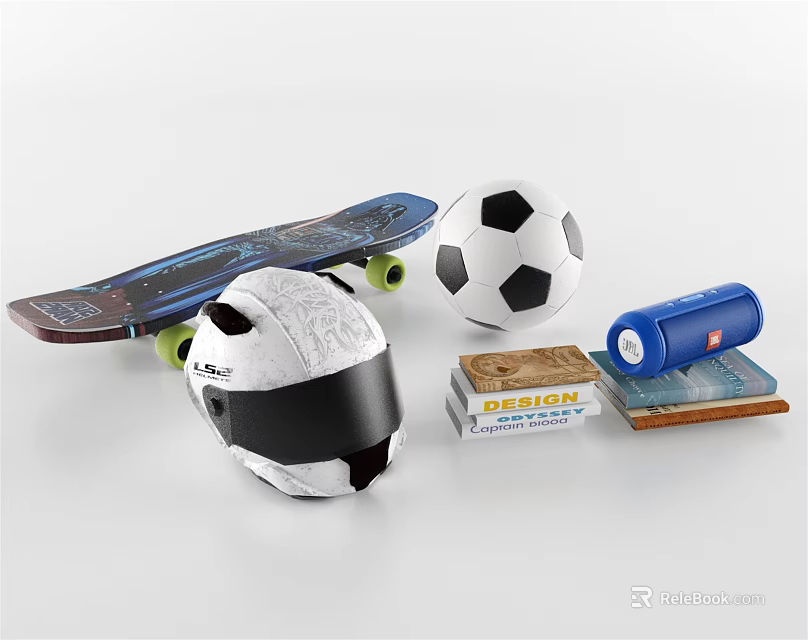 Essential Sports Equipment Collection With Skateboard Soccer Ball Helmet Water Bottle And First Aid Kit 3d model 