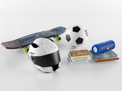 Essential Sports Equipment Collection With Skateboard Soccer Ball Helmet Water Bottle And First Aid Kit 3d model