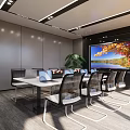 Modern Conference Room Interior With Long Table Laptops Projector Screen And Green Plant