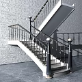 Elegant Staircase With White Steps Black Gold Railings Lamp Topped Posts And Gray Brick Wall