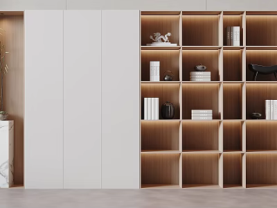Modern Wooden Bookshelf Interior Design With Layered Compartments And Decorative Items 3d model