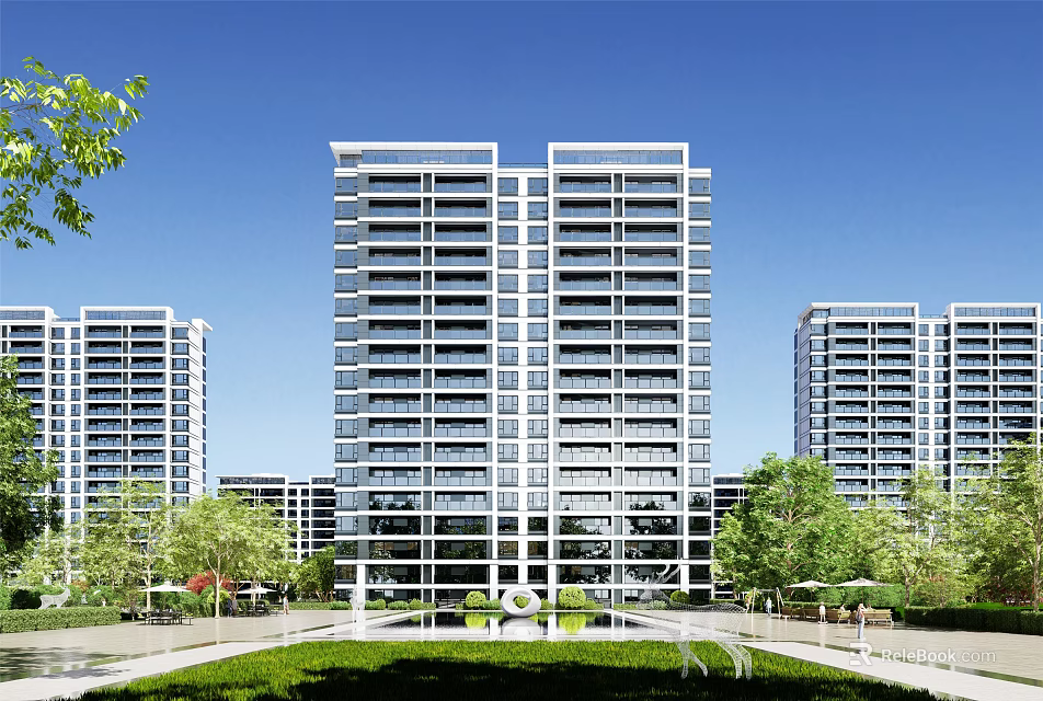 Modern High Rise Residential Buildings With Green Landscaping And Surrounding Trees 3d model 