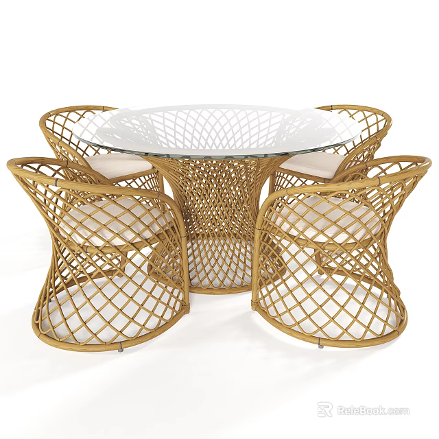 Stylish Outdoor Table with Round Glass Top Woven Rattan Design and Cushioned Chairs 3d model 