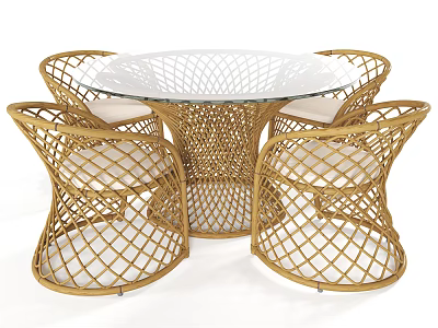 Stylish Outdoor Table with Round Glass Top Woven Rattan Design and Cushioned Chairs 3d model