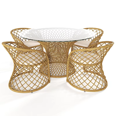 Stylish Outdoor Table with Round Glass Top Woven Rattan Design and Cushioned Chairs 3d model