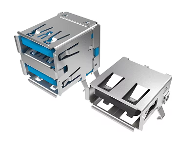 Dual Metal USB Connector Devices With Stackable Design And Blue Ports 3d model