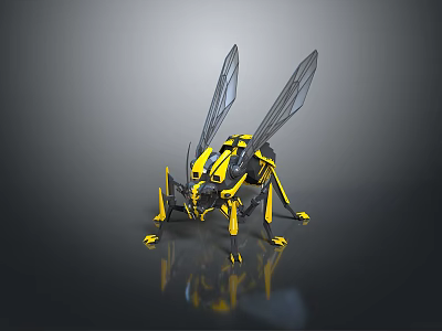Mechanical Insect 3D Model With Yellow Black Body And Transparent Wings 3d model