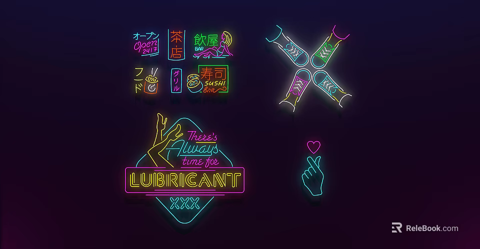 Colorful Neon Decorative Lights With Various Patterns And Text Elements In Vibrant Designs 3d model 