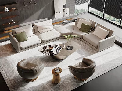 Modern L Shaped Sofa and Coffee Table Set with Green Cushions Armchairs and Rug 3d model