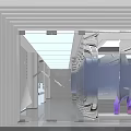 Modern Elevator Hallway Interior With Glass Partitions Blue Digital Screens And Recessed Lighting