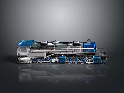 Vintage Blue And Silver Steam Locomotive Model With Metal Wheels On Grey Reflective Surface 3d model