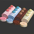 Colorful Swiss Roll Cakes With Cream Flowers On Top And Spiral Cross Sections